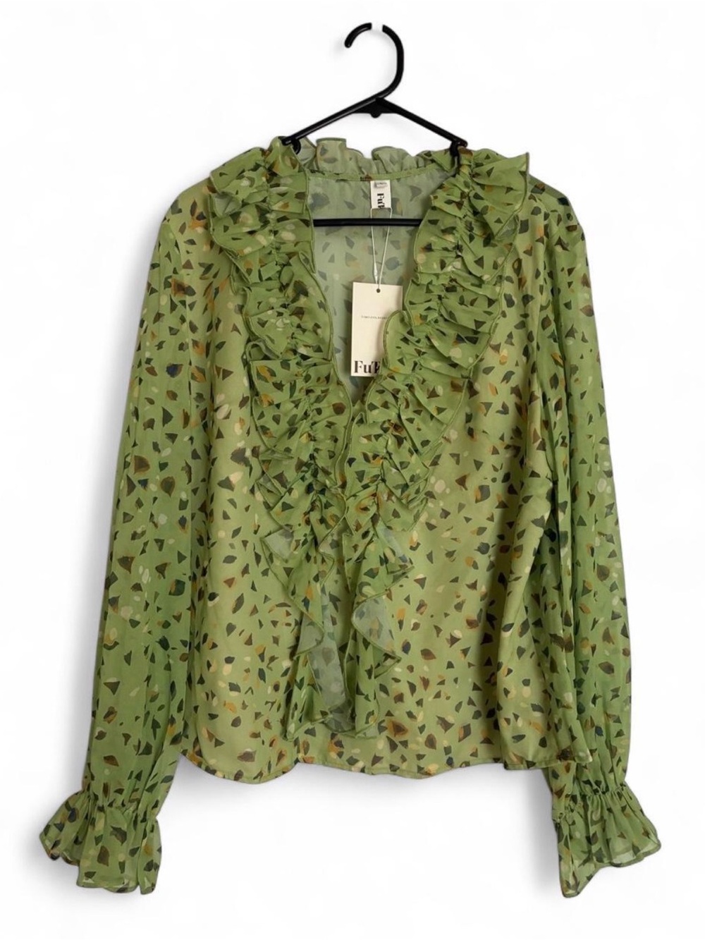 Futario Pistachio Lime Green Ruffle V-Neck Printed Chiffon Blouse Large